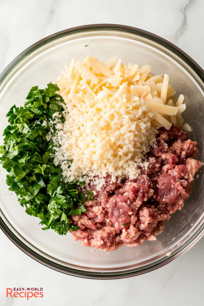 Meatball Mixture for Italian Wedding Soup, in a glass bowl.