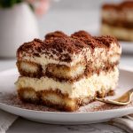 Tiramisu slice, served on a plate.