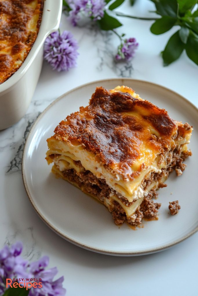 A slice of homemade Italian Lasagna bolognese, on a white plate.
