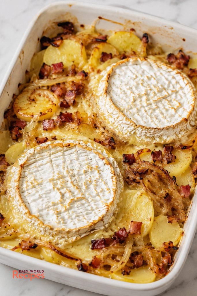 French Tartiflette with melted Reblochon cheese, sliced potatoes, bacon, and onions in a white baking dish.