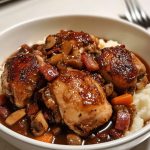 Coq au Vin, served with mashed potatoes in a deep plate.