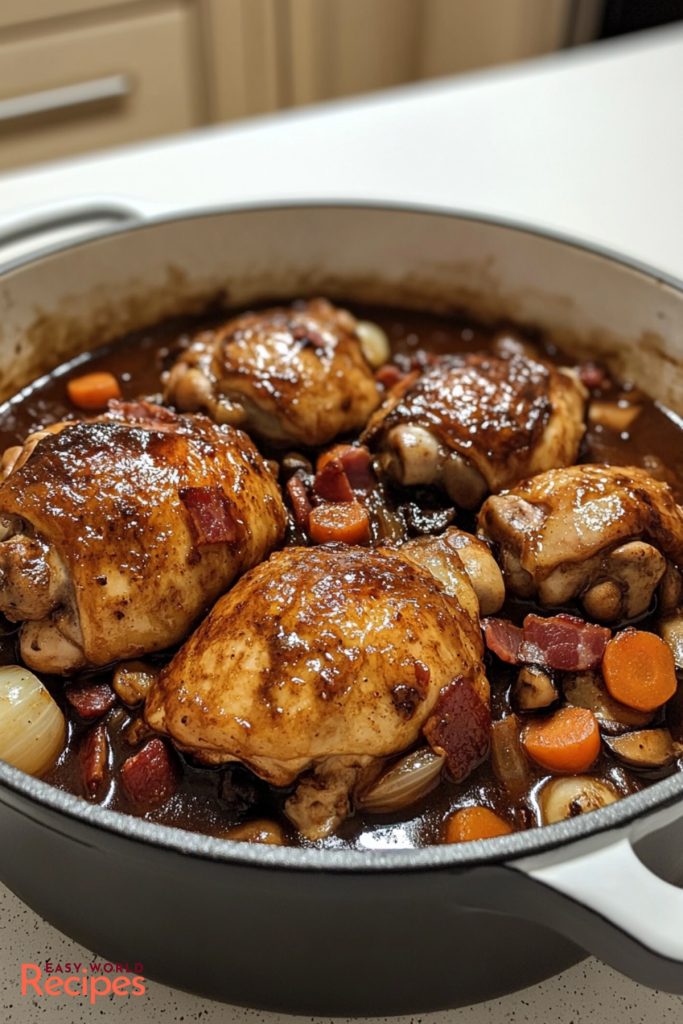 Coq au Vin (French Chicken in Wine Stew), in a large pot.
