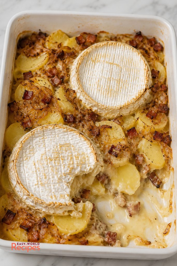 Classic French Tartiflette with creamy Reblochon cheese, potatoes, bacon, and onions baked until golden.