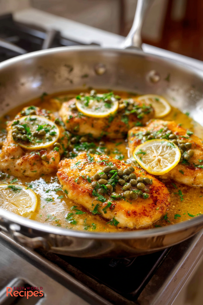 Chicken Piccata in a Pan, with lemon slices.