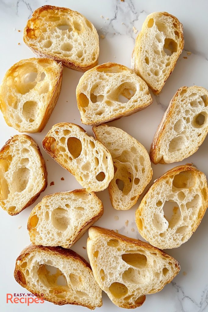 Sliced Ciabatta bread, on a white marble countertop.