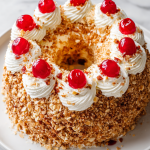 Frankfurter Kranz Cake, topped with maraschino cherries.
