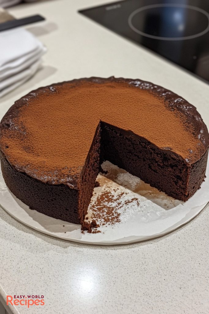 French Chocolate Cake, Gâteau au Chocolat, topped with cacao.