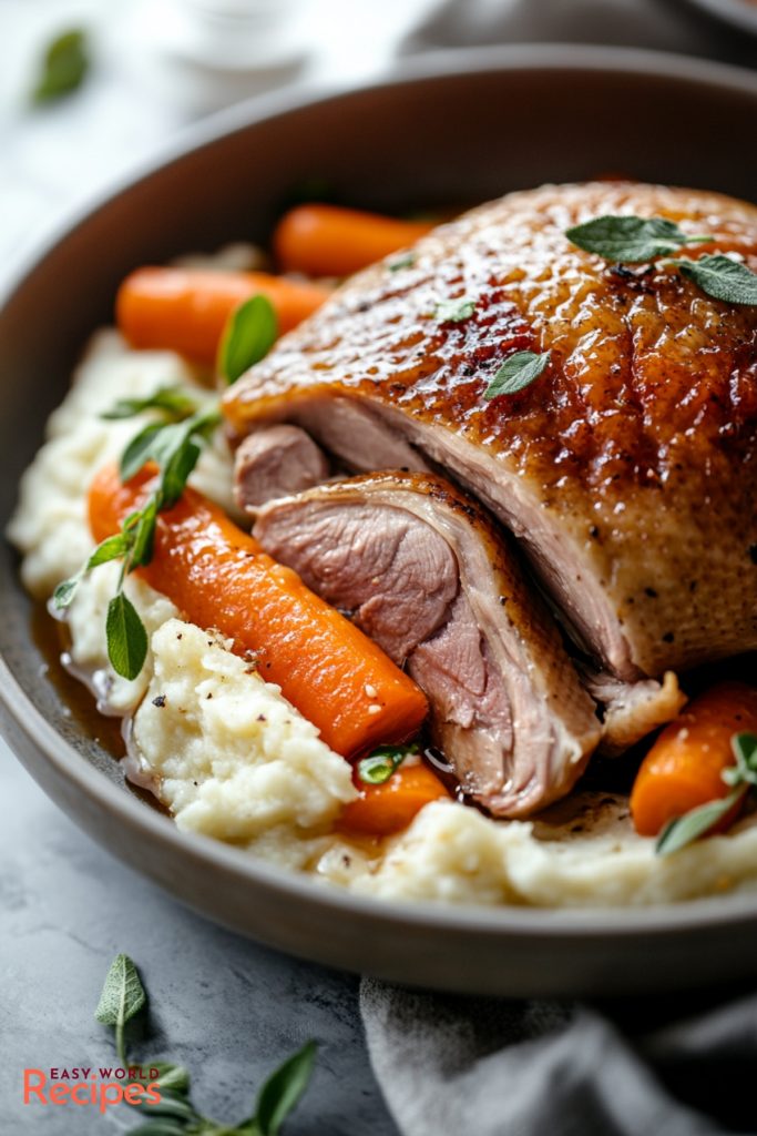French Duck Confit, on a plate with mashed potatoes and carrots.