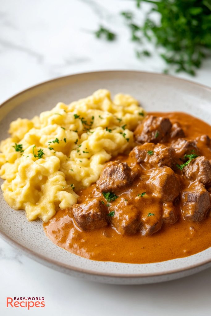 German Rahmgulasch, served with Spaetzle.