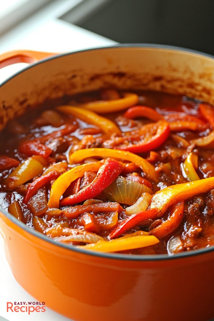Italian Peperonata, in a large orange pot.