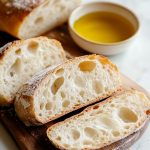 Sliced Italian ciabatta bread, served on a wooden board.