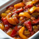 Peperonata (Italian Stewed Peppers), in a white ceramic dish.