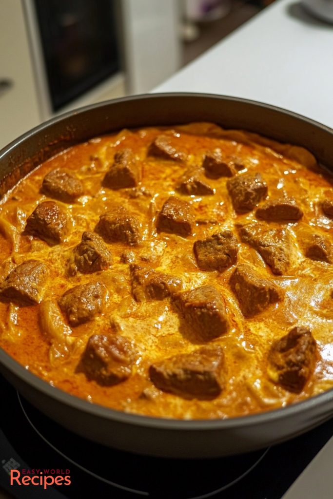 Rahmgulasch, cooking in a large pot.