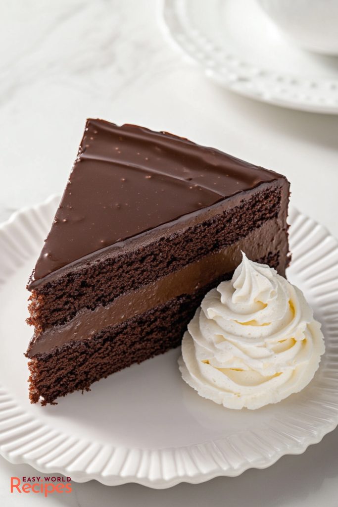 Sachertorte - Chocolate cake served with whipped cream, on a white plate.