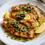 Traditional Chicken Piccata, served on a white plate.