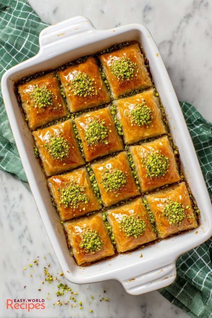 Baklava with Walnuts and Pistachios, in a baking tray.