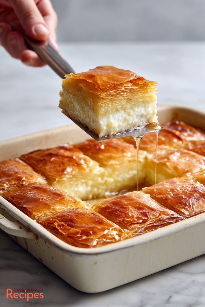 Galaktoboureko dessert In a baking pan, with a slice being lifted.