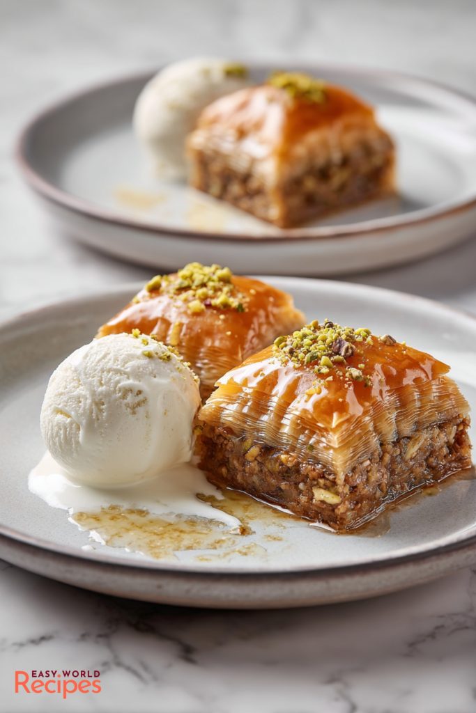 Greek Baklava served with ice cream on a plate.