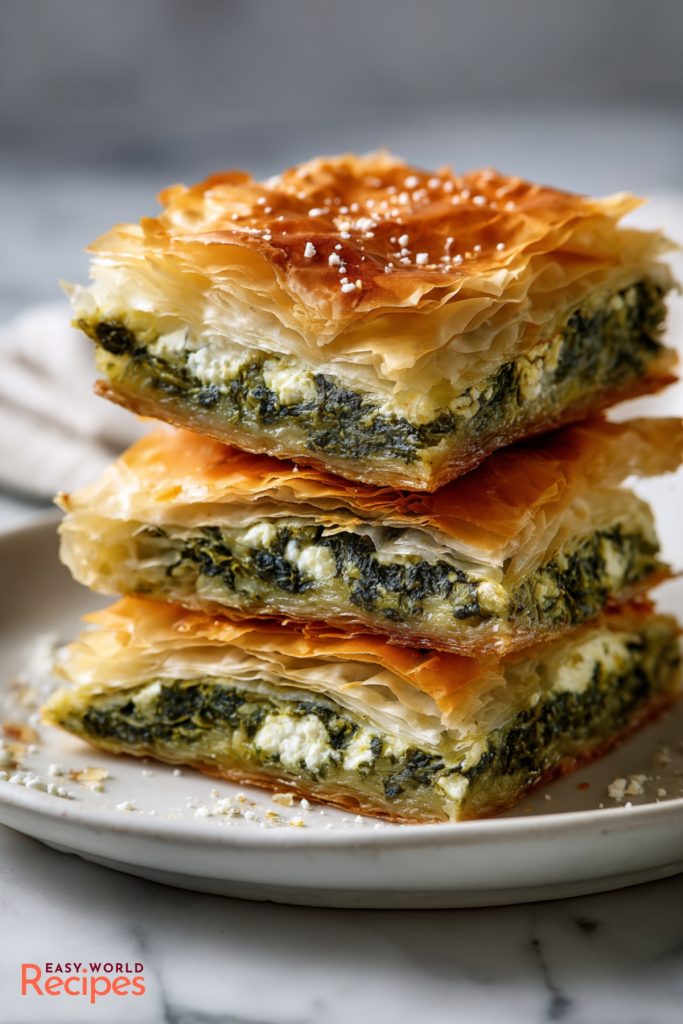 Greek Spanakopita (Spinach and Feta Pie) Stacked on a white plate.