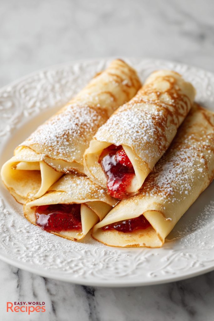Palačinky, with strawberry jam, served on a white plate.