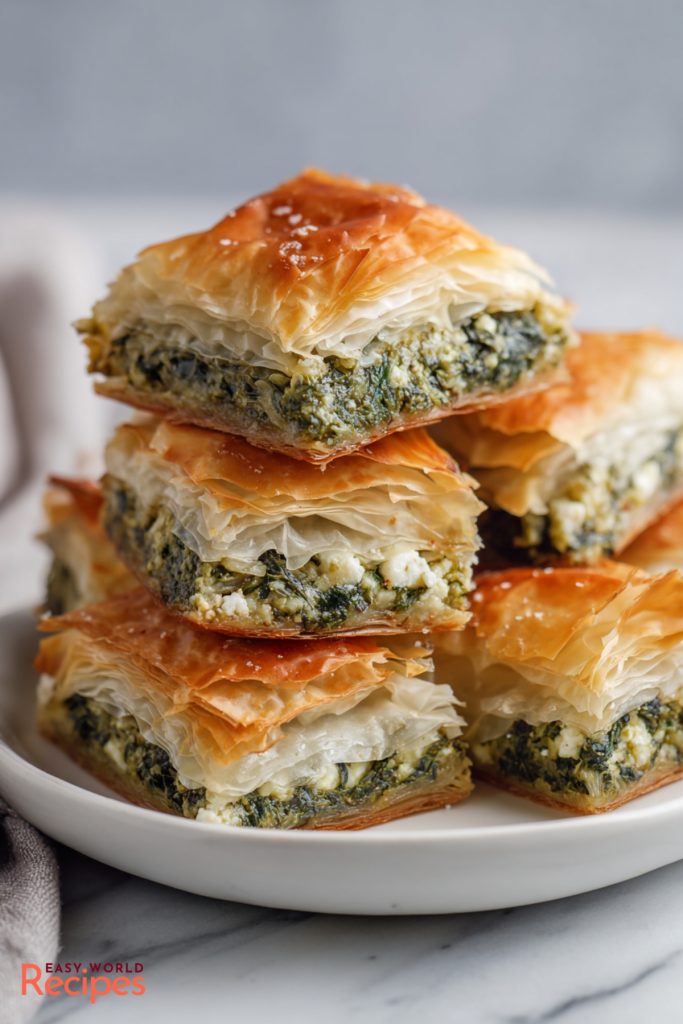 Spanakopita With feta served on a white plate.
