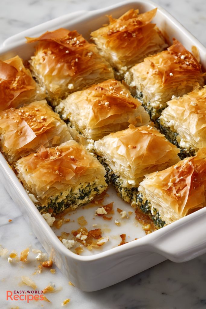 Spanakopita (Spinach and Feta Pie) In a baking tray.