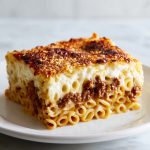 A slice of pastitsio on a plate.