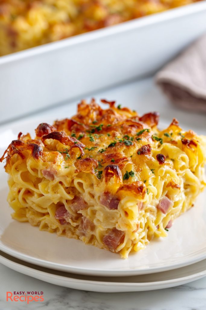 Czech Šunkofleky - A pasta casserole on a white plate.