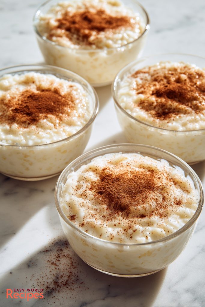 Greek Rizogalo, topped with fresh cinamon, served in bowls.