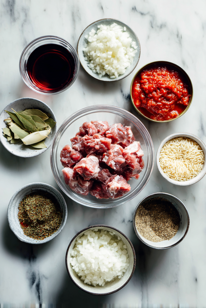 Ingredients for Youvetsi, on a table.