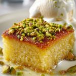 Revani Syrup Cake, served with ice cream, on a plate.