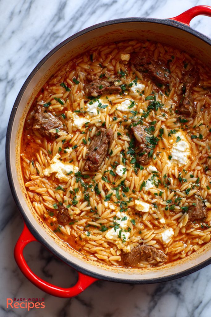 Youvetsi (Greek Lamb Stew with Orzo), in a pot.