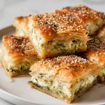 Kolokithopita (Greek Zucchini Pie with Feta and Yogurt), served on a plate.