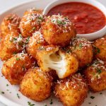Mozzarella balls, served on a plate with marinara sauce.