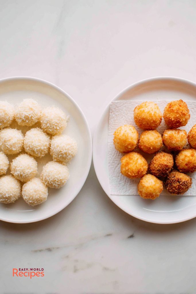 Mozzarella balls on plates, before and after frying.
