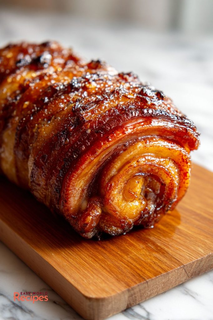 Porchetta, on a wooden board.