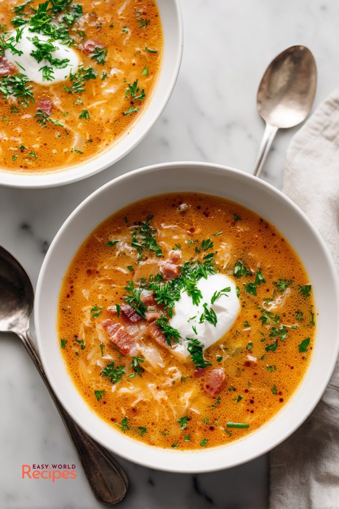 German Sauerkraut Soup Sauerkrautsuppe, served in a bowl.