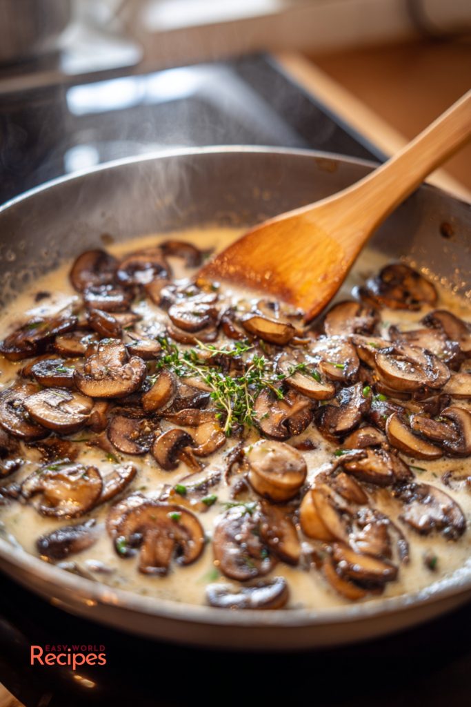 Mushroom Sauce for Schweinelendchen, cooking in a pan.