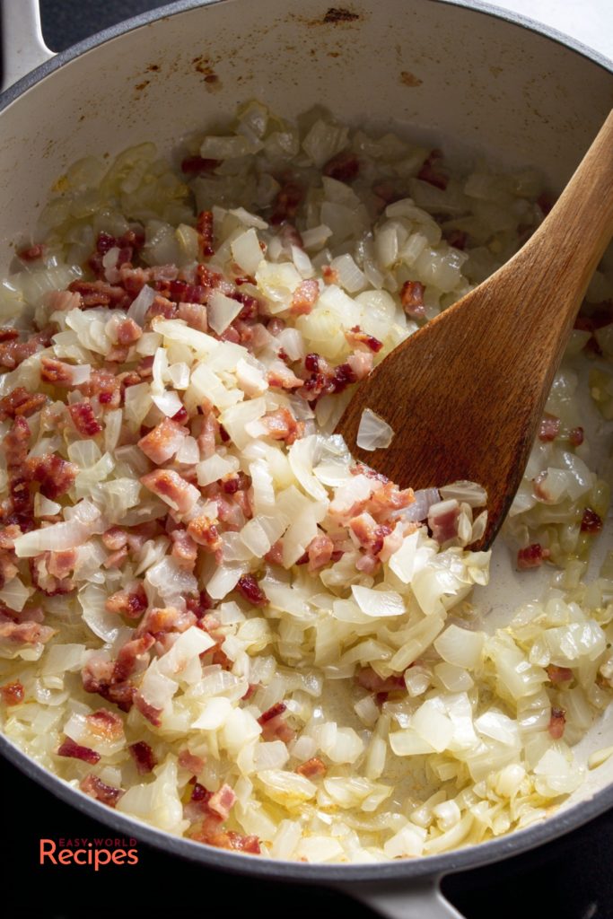 Onion and bacon in a pan, for German sauerkraut soup.