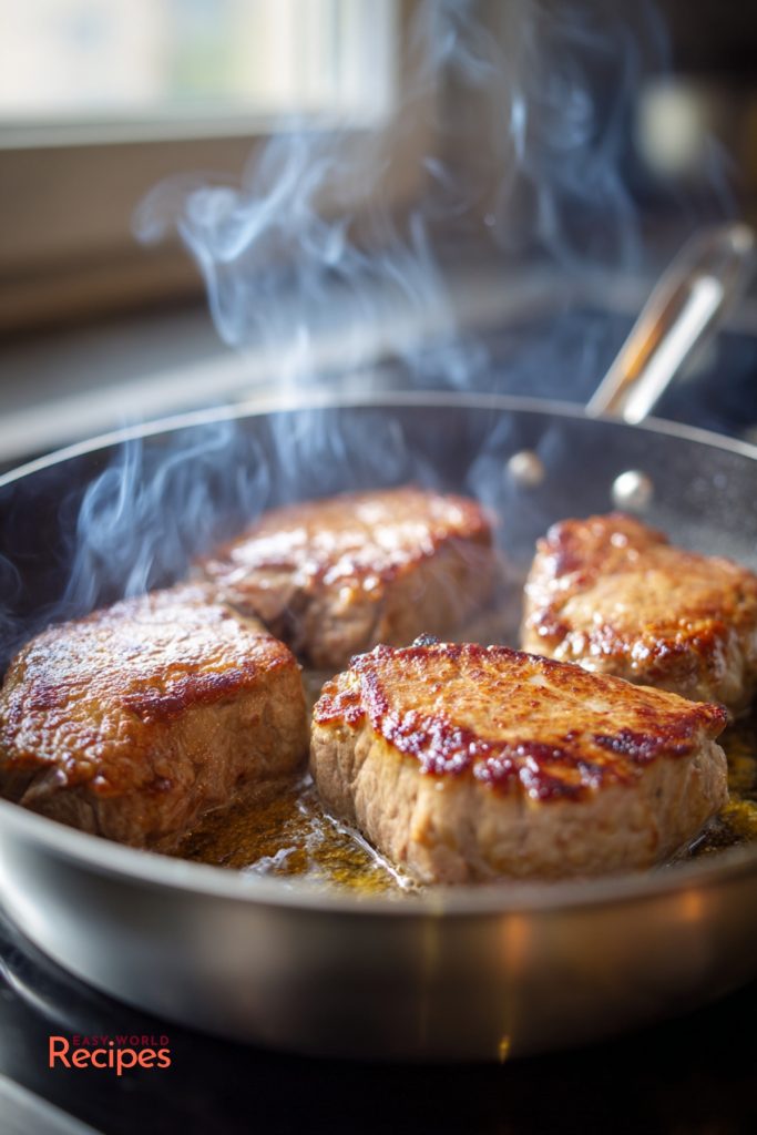 Schweinelendchen German Pork Tenderloin, frying on a pan.