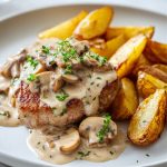 Schweinelendchen German Pork Tenderloin with Mushroom Sauce, served with potatoes.