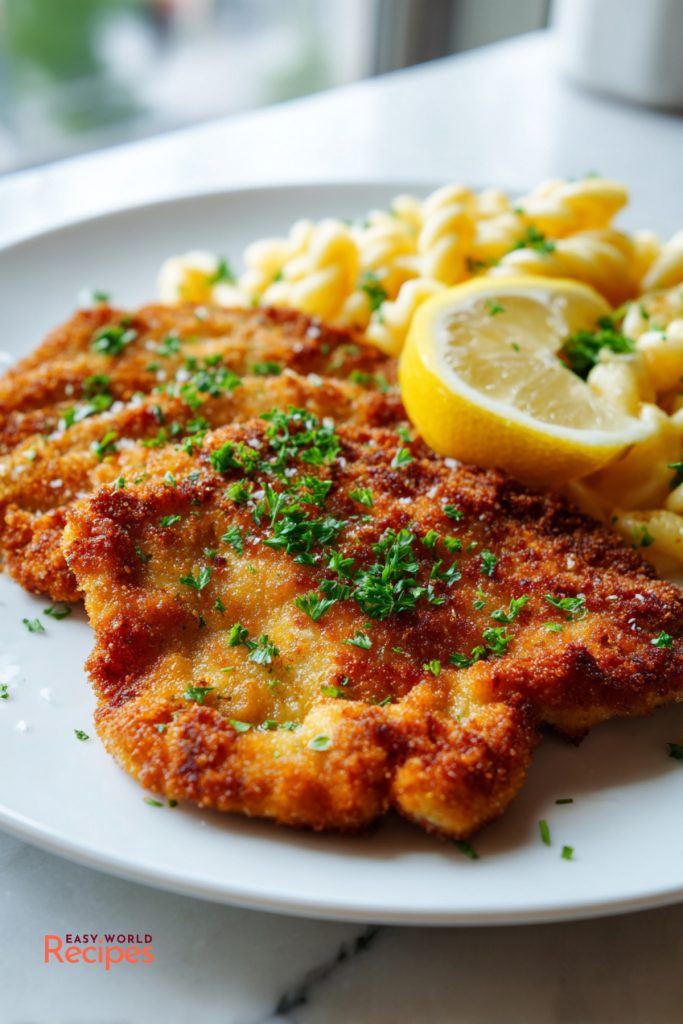 Authentic German pork schnitzel served with buttered spaetzle, fresh parsley, and a lemon wedge on a white plate.