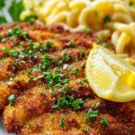 Close-up of crispy pork schnitzel with buttered spaetzle, parsley, and a fresh lemon wedge.