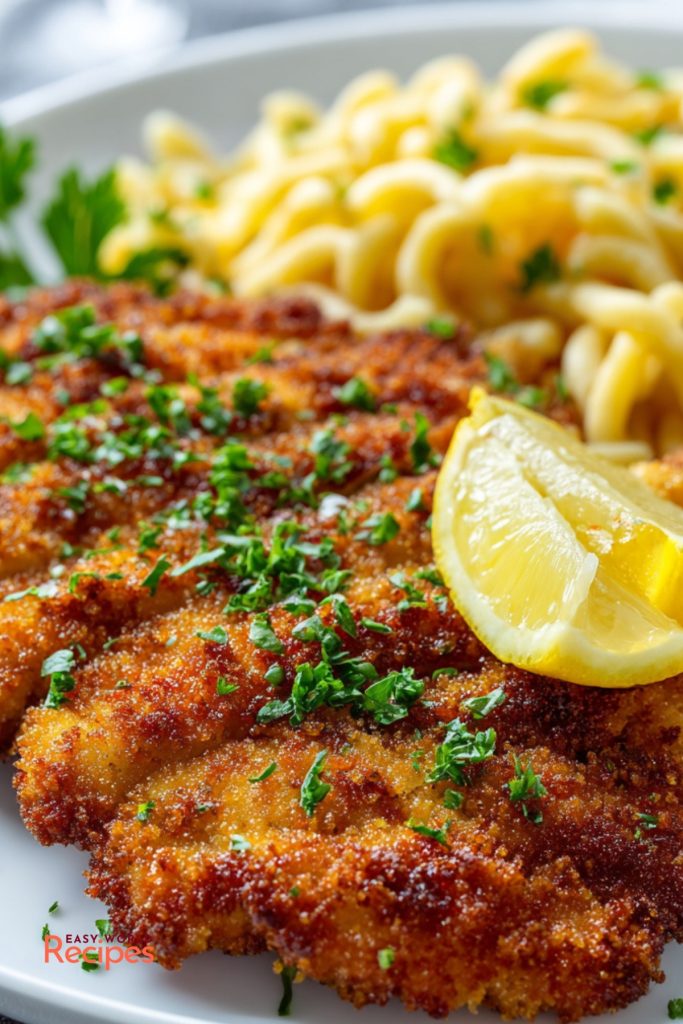 Close-up of crispy pork schnitzel with buttered spaetzle, parsley, and a fresh lemon wedge.