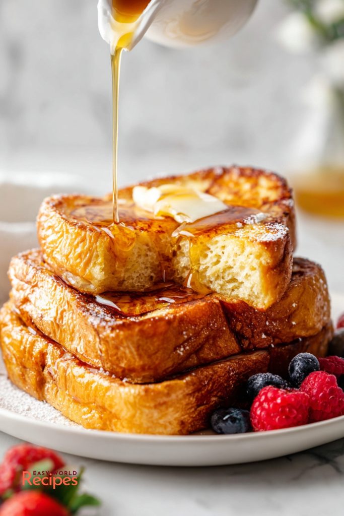 Golden brioche French toast served with butter, maple syrup, and mixed berries.