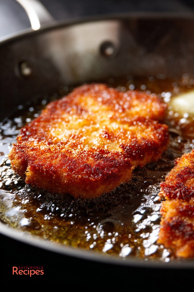Pork schnitzel frying in butter and oil in a skillet until golden brown and crispy.