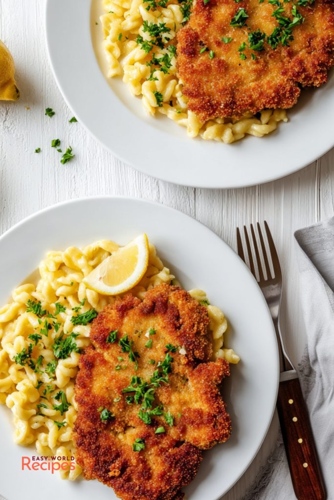 Pork schnitzel served with buttered spaetzle, parsley, and lemon on white dinner plates.