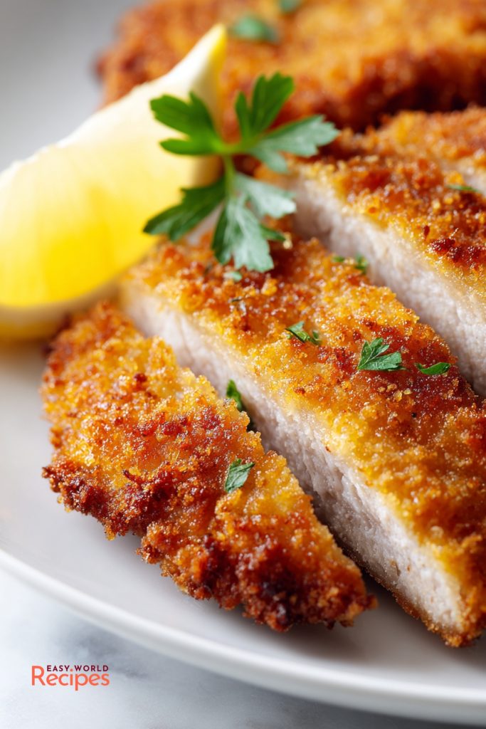 Sliced pork schnitzel showing juicy pork inside and crispy golden breading with a lemon wedge.