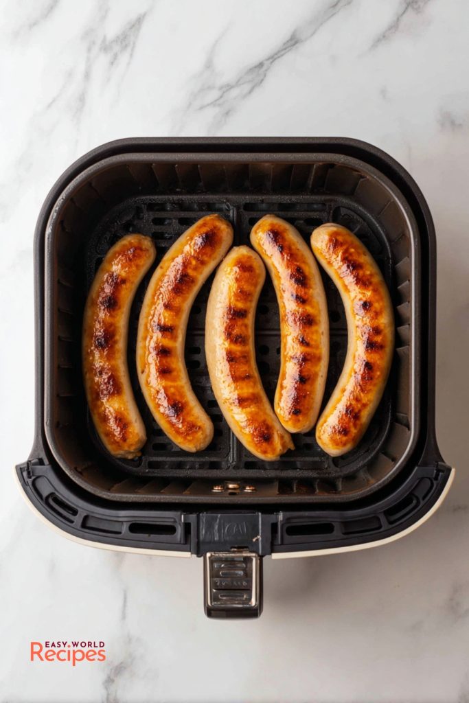How to cook bratwurst in air fryer until the casings are evenly browned and golden.