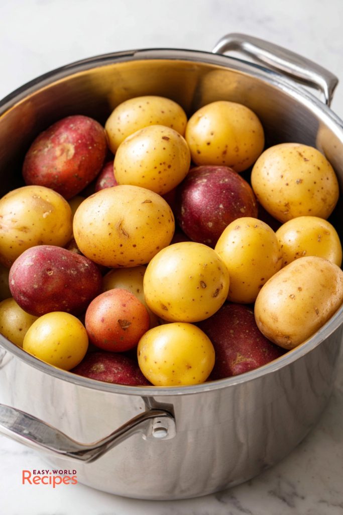 Baby potatoes boiling for French potato salad before being dressed warm with Dijon vinaigrette.